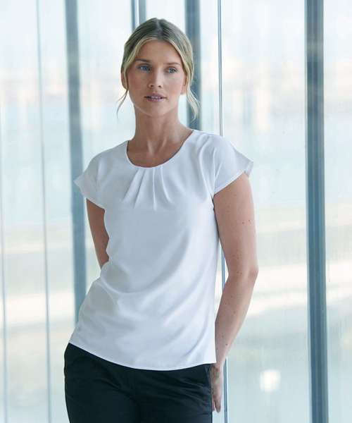 Women's pleat front short sleeve blouse