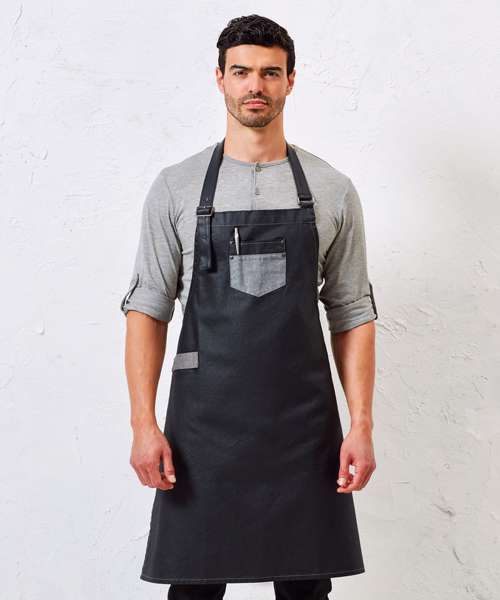 Division waxed-look denim bib apron with faux leather